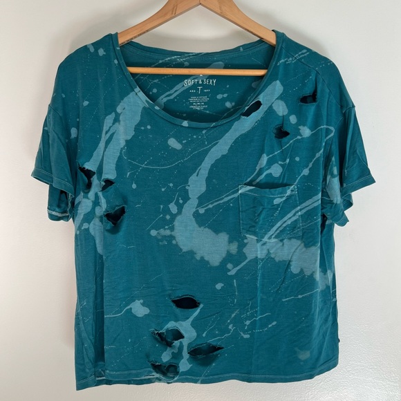American Eagle Outfitters Tops - AEO Custom Distressed Teal Tee